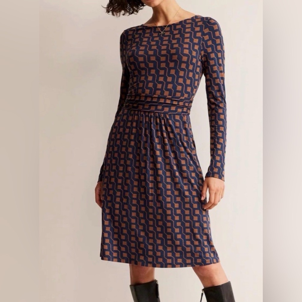 Boden Abigail Jersey Dress — Cognac Cube Geo — Size 12L 🧡 Soft | Effortless